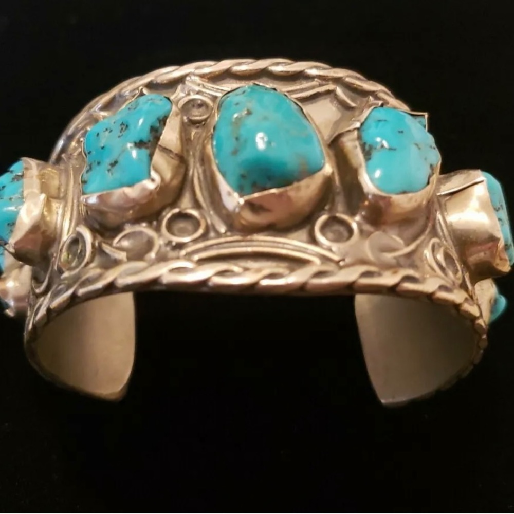 Massive Cuff Bracelet With 7 Turquoise Nuggets Vintage Sterling Silver